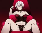  arizuka_(catacombe) breasts bustier chair cherry food fruit large_breasts midriff nail_polish navel original red_eyes short_hair sitting solo white_hair 