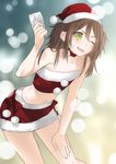  ;d brown_hair christmas flat_chest green_eyes hat highres kippu navel nikaidou_mari official_art one_eye_closed open_mouth skirt smile solo taimadou_gakuen_35_shiken_shoutai v-shaped_eyebrows 