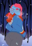  2015 blush butt clothing eye_patch eyewear female fish hair hoodie jacket jeans marine red_hair scarf shadowpelt snow solo tree undertale undyne video_games 