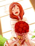  ^_^ artist_name bouquet bridal_veil bride closed_eyes dress elbow_gloves flower gloves jewelry love_live! love_live!_school_idol_project necklace nishikino_maki off-shoulder_dress off_shoulder open_mouth pokey ribbon rose signature smile solo striped striped_ribbon tiara veil wedding_dress white_gloves window 