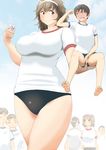 4boys blush breasts buruma carrying curvy giantess gym_uniform large_breasts multiple_boys multiple_girls original panah size_difference smile tall thighs 