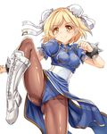  ass_visible_through_thighs blonde_hair blue_dress blush boots bracelet brown_legwear bun_cover cameltoe china_dress chinese_clothes chun-li chun-li_(cosplay) cosplay cross-laced_footwear crotch djeeta_(granblue_fantasy) double_bun dress granblue_fantasy groin highres jewelry lace-up_boots leg_lift pantyhose pelvic_curtain puffy_short_sleeves puffy_sleeves sash short_hair short_sleeves side_slit simple_background smile solo spiked_bracelet spikes unname white_background white_footwear yellow_eyes 
