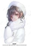  bangs blue_hallelujah brown_eyes brown_hair coat earrings from_side fur_coat fur_hat hands_together hat jewelry looking_at_viewer looking_to_the_side simple_background smile snowflake_earrings solo white white_background winter_clothes winter_coat 