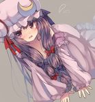  all_fours blush bow breasts cleavage crescent crying crying_with_eyes_open downscaled dress dutch_angle flying_teardrops grey_background hair_bow hair_ornament hat hat_ribbon long_hair long_sleeves looking_at_viewer md5_mismatch medium_breasts mob_cap off_shoulder open_mouth patchouli_knowledge purple_hair resized ribbon simple_background solo tears touhou usamata 