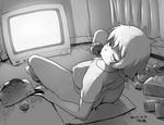  ass beer_can bottomless breasts can character_request chips covered_nipples dated food from_behind greyscale implied_masturbation large_breasts looking_back monochrome pointy_ears potato_chips screen_light short_hair solo television tissue_box tsukudani_(coke-buta) tsurime used_tissue 