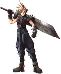  asymmetrical_clothes asymmetrical_hair baggy_pants bare_shoulders belt big_hair blonde_hair blue_eyes boots buster_sword cloud_strife colored_pencil_(medium) final_fantasy final_fantasy_vii full_body gloves highres huge_weapon leaning_to_the_side looking_at_viewer male_focus nomura_tetsuya official_art over_shoulder pants pauldrons pose ribbed_sweater sleeveless sleeveless_turtleneck soldier solo spiked_hair suspenders sweater sword sword_over_shoulder toned toned_male traditional_media turtleneck weapon weapon_over_shoulder white_background zipper 
