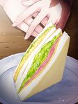  cheese chima_q commentary dorei_to_no_seikatsu_~teaching_feeling~ food ham hands highres plate salad sandwich scar solo sylvie_(dorei_to_no_seikatsu) 