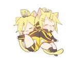  1girl :3 animal_ears antenna_hair bad_id bad_pixiv_id bandaid bandaid_on_nose blonde_hair blush cable cat_ears cat_tail chibi closed_eyes eyebrows eyebrows_visible_through_hair gym_uniform hair_ornament hairclip headphones iruyu jacket kagamine_len kagamine_rin kemonomimi_mode kneehighs long_sleeves project_diva_(series) short_hair shorts simple_background sleeping stylish_energy_(module) tail track_jacket track_suit vocaloid white_background 