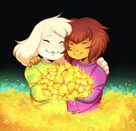  2015 asriel_dreemurr brown_hair caprine clothing cute duo eyes_closed flower frisk fur goat hair hug human long_ears male mammal plant princessharumi standing sweater undertale video_games white_fur white_hair 