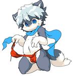  bulge canine clothed clothing cub dog front_view fundoshi half-dressed kneeling looking_down male mammal navel nipples noriburu penis_outline scarf simple_background sweat sweatdrop topless underwear white_background young 