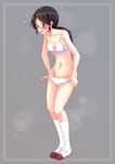  @_@ black_eyes black_hair blush bow bow_panties bra breasts cleavage full_body glasses kneehighs long_hair mojake navel open_mouth original panties panty_pull ponytail school_uniform shoes small_breasts solo standing sweatdrop underwear underwear_only undressing uwabaki white_bra white_legwear white_panties 