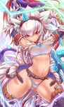  arms_up breasts covered_nipples highres horn kirin_(armor) light_smile looking_at_viewer medium_breasts midriff monster_hunter navel red_eyes solo thighhighs thighs tsukigami_chronica 