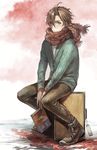  bayashiko brown_eyes brown_hair cardigan highres male_focus otegine scarf sitting solo touken_ranbu 