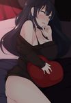  agano_(kantai_collection) aqua_eyes ass black_hair blush bottomless breasts chimunge cleavage heart heart_print kantai_collection large_breasts long_hair long_sleeves looking_at_viewer lying naked_shirt off_shoulder on_side one_eye_closed open_mouth shirt solo thighs very_long_hair 
