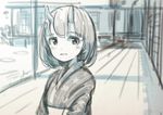  bad_id bad_pixiv_id blurry blush child depth_of_field greyscale hinoshita_akame horns japanese_clothes kimono monochrome oni oni_horns original porch short_hair signature sketch solo upper_body 