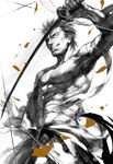  bandaged_arm bandages bare_shoulders from_below gintama glowing glowing_eyes grin hakama hangleing holding holding_sword holding_weapon japanese_clothes katana kondou_isao male_focus monochrome motion_blur red_eyes shirtless simple_background smile solo spiked_hair spot_color sword weapon white_background 