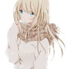  :o bangs blonde_hair blue_eyes blush breath brown_scarf checkered checkered_scarf eyes_visible_through_hair hiro_(hirohiro31) long_hair long_sleeves looking_at_viewer original scarf simple_background snow snowing solo sweater upper_body white_background winter_clothes 
