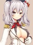  asamura_hiori ascot blush breasts cleavage covered_nipples downscaled epaulettes frilled_sleeves frills gloves green_background grey_eyes grey_hair hat kantai_collection kashima_(kantai_collection) large_breasts light_smile long_hair looking_at_viewer md5_mismatch military military_uniform open_clothes open_shirt resized shirt sidelocks smile solo tsurime twintails uniform white_gloves 