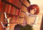  :o animal bangs barcode black_eyes blurry blush book bookshelf brown_hair calico cat collared_shirt depth_of_field dutch_angle green_skirt grey_eyes holding holding_book library long_sleeves miniskirt open_book open_mouth original pleated_skirt reaching shigure_ui shirt short_hair skirt skirt_lift swept_bangs upper_body white_shirt 