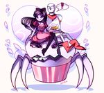  ! 1boy 1girl alternate_costume alternate_hair_length alternate_hairstyle armor dress extra_eyes fangs heart high_heels insect_girl monster muffet muffet's_pet multiple_arms open_mouth papyrus_(undertale) riding rotodisk scarf simple_background sitting skeleton smile undertale 