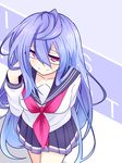  alternate_costume breasts glasses hair_between_eyes iris_heart kami_jigen_game_neptune_v long_hair medium_breasts neptune_(series) purple_hair red_eyes school_uniform solo symbol-shaped_pupils very_long_hair warabi_mochi_(ehimedaisuki) 