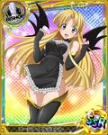  ahoge apron asia_argento bishop_(chess) black_apron black_gloves black_panties blonde_hair breasts card_(medium) character_name chess_piece cleavage demon_wings elbow_gloves eyebrows eyebrows_visible_through_hair fingerless_gloves gloves green_eyes high_school_dxd long_hair looking_at_viewer medium_breasts nearly_naked_apron official_art panties shiny shiny_skin solo trading_card underwear wings 