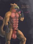  2015 anthro avian balls beak big_balls big_penis black_background black_scales blue_eyes brown_feathers claws clothed clothing dialogue drinking english_text feathers half-dressed male muscular navel open_mouth penis potion raised_tail red_feathers scales simple_background solo spectrumshift text thong tongue topless undressing 