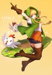  artist_name ass bird blonde_hair blue_eyes boots braid brown_footwear brown_gloves brown_legwear character_name chicken copyright_name cucco dated full_body gloves highres hood leather leather_boots linkle long_hair open_mouth ruru_(lulubuu) skirt solo the_legend_of_zelda thigh_boots thighhighs twin_braids yellow_background zelda_musou 