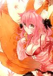  animal_ears bare_shoulders bow breasts cleavage fate/extra fate_(series) finger_to_mouth fox_ears fox_tail hair_bow hair_ribbon large_breasts pink_hair ribbon skirt solo sunday31 tail tamamo_(fate)_(all) tamamo_no_mae_(fate) thighhighs twintails yellow_eyes 