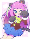  ;) animal_ears bow cat_ears commentary_request gloves green_eyes hashimoto_nyaa keyman multicolored_hair one_eye_closed osomatsu-san outside_border paw_gloves paw_pose paws pink_hair ribbon school_uniform skirt smile solo streaked_hair tail 