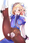  bad_id bad_pixiv_id blonde_hair blush boots bracelet brown_legwear bun_cover chun-li chun-li_(cosplay) cosplay djeeta_(granblue_fantasy) double_bun dress dress_lift granblue_fantasy heart jewelry knee_boots leg_up looking_at_viewer mouth_hold no_panties pantyhose pelvic_curtain pubic_hair puffy_short_sleeves puffy_sleeves pussy pussy_cutout pussy_juice short_sleeves sitting smile solo spiked_bracelet spikes street_fighter sweatdrop tajima_ryuushi torn_clothes torn_legwear translated white_footwear 