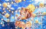  artist_request brown_hair flower hair_flower hair_ornament highres idolmaster idolmaster_cinderella_girls idolmaster_cinderella_girls_starlight_stage jewelry necklace official_art pom_poms ponytail smile solo wakabayashi_tomoka yellow_eyes 