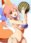  animal_ears bare_shoulders bikini bow breasts cleavage fang fate/extra fate_(series) food fox_ears fox_tail fruit groin hair_bow hair_ribbon kurikara large_breasts long_hair navel one_eye_closed open_mouth pink_hair ribbon signature solo swimsuit tail tamamo_(fate)_(all) tamamo_no_mae_(fate) twintails underboob watermelon yellow_eyes 