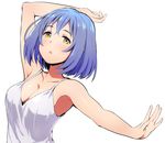  :o arm_up blue_hair breasts chelle_ingham cleavage collarbone dress medium_breasts original outstretched_arm parted_lips short_hair simple_background solo upper_body white_background white_dress yellow_eyes 