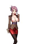  as109 black_legwear blush book breasts brown_eyes collarbone hair_ornament hairclip large_breasts long_legs looking_away m.a.d_mafia_is_all_dead nipples open_clothes open_shirt pantyhose pen purple_hair shirt short_hair skirt solo teacher textbook transparent_background 