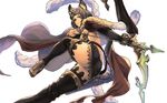  1girl animal_ears arrow ass black_legwear black_skirt blue_eyes bow_(weapon) cat_ears chromatic_aberration erun_(granblue_fantasy) feather_boa granblue_fantasy grey_hair hair_ornament mole mole_under_mouth robo8 short_hair skirt solo stella_(granblue_fantasy) thighhighs weapon 