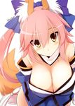  animal_ears bare_shoulders blush bow breasts cleavage detached_sleeves fate/extra fate_(series) fox_ears fox_tail hair_bow hair_ribbon japanese_clothes kurikara large_breasts long_hair looking_at_viewer pink_hair ribbon signature simple_background solo tail tamamo_(fate)_(all) tamamo_no_mae_(fate) twintails white_background yellow_eyes 