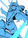  ass blazblue blue blue_eyes breasts cape floating_swords forehead_protector kaneaki_mukku mecha_musume monochrome mu-12 pauldrons serious small_breasts solo 