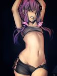  arms_up artist_name at2. black_background bra clenched_teeth cowboy_shot flat_chest groin highres looking_to_the_side low_twintails midriff navel purple_eyes purple_hair shorts signature simple_background solo standing stomach strapless strapless_bra sweat sweatdrop tears teeth twintails underwear vocaloid voiceroid yuzuki_yukari 