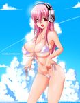  :d armpits artist_name bare_arms bikini bikini_pull blue_sky breasts cleavage cloud collarbone condensation_trail covered_nipples day evil-dei hair_between_eyes headphones highres horizon large_breasts long_hair looking_at_viewer midriff navel nitroplus ocean open_mouth partially_visible_vulva pink_hair red_eyes side-tie_bikini sidelocks sky smile solo sparkle standing stomach super_sonico swimsuit underboob water watermark web_address white_bikini 