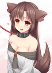  animal_ears bangs bare_shoulders blush breasts brooch brown_hair cleavage collar collarbone dress eyebrows_visible_through_hair eyeshadow heart imaizumi_kagerou jewelry leash long_hair makeup medium_breasts off-shoulder_dress off_shoulder open_mouth red_eyes shirt smile solo tail tokugawa_landine touhou very_long_hair wolf_ears wolf_tail 