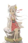  :o animal_ears flower fox_ears fox_tail full_body hair_flower hair_ornament hair_ribbon hakama_skirt haori japanese_clothes long_hair miko original ribbon rock rope sandals satsuki_yukimi shimenawa silver_eyes sitting_on_rock solo tail white_hair 