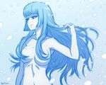  akairiot blue_eyes blue_hair breasts hair_censor hair_over_breasts light_smile long_hair medium_breasts mole mole_under_eye navel nude original snowing solo white_skin yuki_onna 