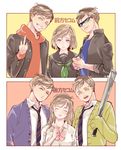  2koma 4boys ^_^ bangs baseball_bat black_blouse blouse blue_eyes blush bow bowtie boy_sandwich brother_and_sister brothers brown_eyes brown_hair clenched_hand closed_eyes comic doujinshi gakuran genderswap genderswap_(mtf) green_eyes grin holding holding_weapon hood hood_down hoodie jewelry long_hair long_sleeves looking_at_viewer matsuno_choromatsu matsuno_ichimatsu matsuno_juushimatsu matsuno_karamatsu matsuno_osomatsu matsuno_todomatsu multiple_boys multiple_girls necktie osomatsu-kun osomatsu-san pendant pink_bow purple_eyes sandwiched school_uniform serafuku shirt siblings silver_eyes simple_background sleeves_past_wrists sleeves_rolled_up smile smirk sunglasses sweatdrop sweater_vest swept_bangs syaketosyake teeth text_focus upper_body weapon white_shirt 