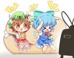  &gt;_&lt; :3 :d animal_ears barefoot blue_hair bow brown_eyes brown_hair cat_ears cat_tail chen cirno closed_eyes commentary couch cup fang green_hat hair_bow hat ibaraki_natou jewelry long_sleeves mob_cap mug multiple_girls multiple_tails nekomata open_mouth pila-pela short_hair short_sleeves single_earring sitting smile tail television touhou two_tails watching_television white_legwear xd 
