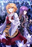  absurdres animal_print brown_hair bug butterfly commentary_request e.o. gradient_hair highres hijiri_byakuren icicle insect multicolored_hair multiple_girls no_headwear open_mouth orange_hair purple_hair short_hair snowing tiger_print toramaru_shou touhou 