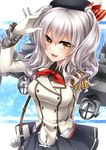 breasts brown_eyes epaulettes gloves hat kantai_collection kashima_(kantai_collection) large_breasts long_hair military military_uniform miniskirt silver_hair skirt smile solo twintails ueno_tsuki uniform 