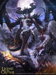  2013 black_hair blood breasts chest_tattoo claws copyright_name dragon dragon_wings full_body glowing glowing_eye highres horns kazuhiro_oya legend_of_the_cryptids medium_breasts midriff moon moonlight navel pointy_ears scales solo star_(sky) tail tattoo wings 
