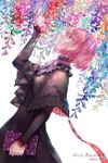  2015 arm_up artist_name bad_id bad_pixiv_id bangs black_dress book capelet dress dutch_angle flower frills from_side holding holding_book lace long_sleeves looking_up parted_lips pink_hair pixiv_fantasia pixiv_fantasia_t profile red_eyes robinexile short_hair solo wisteria 