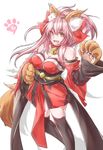 aleixww animal_ears bare_shoulders bell bell_collar black_legwear breasts cleavage collar detached_sleeves fate/grand_order fate_(series) fox_ears fox_tail hair_ribbon japanese_clothes large_breasts long_hair looking_at_viewer open_mouth pink_hair ribbon solo tail tamamo_(fate)_(all) tamamo_cat_(fate) thighhighs yellow_eyes 